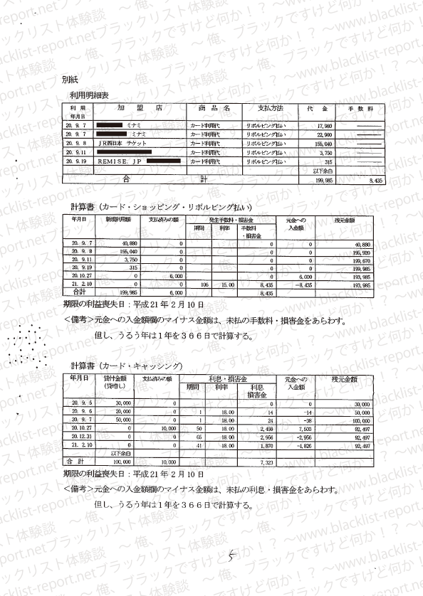 オリコからの支払い督促(5枚目：請求の原因　別紙)